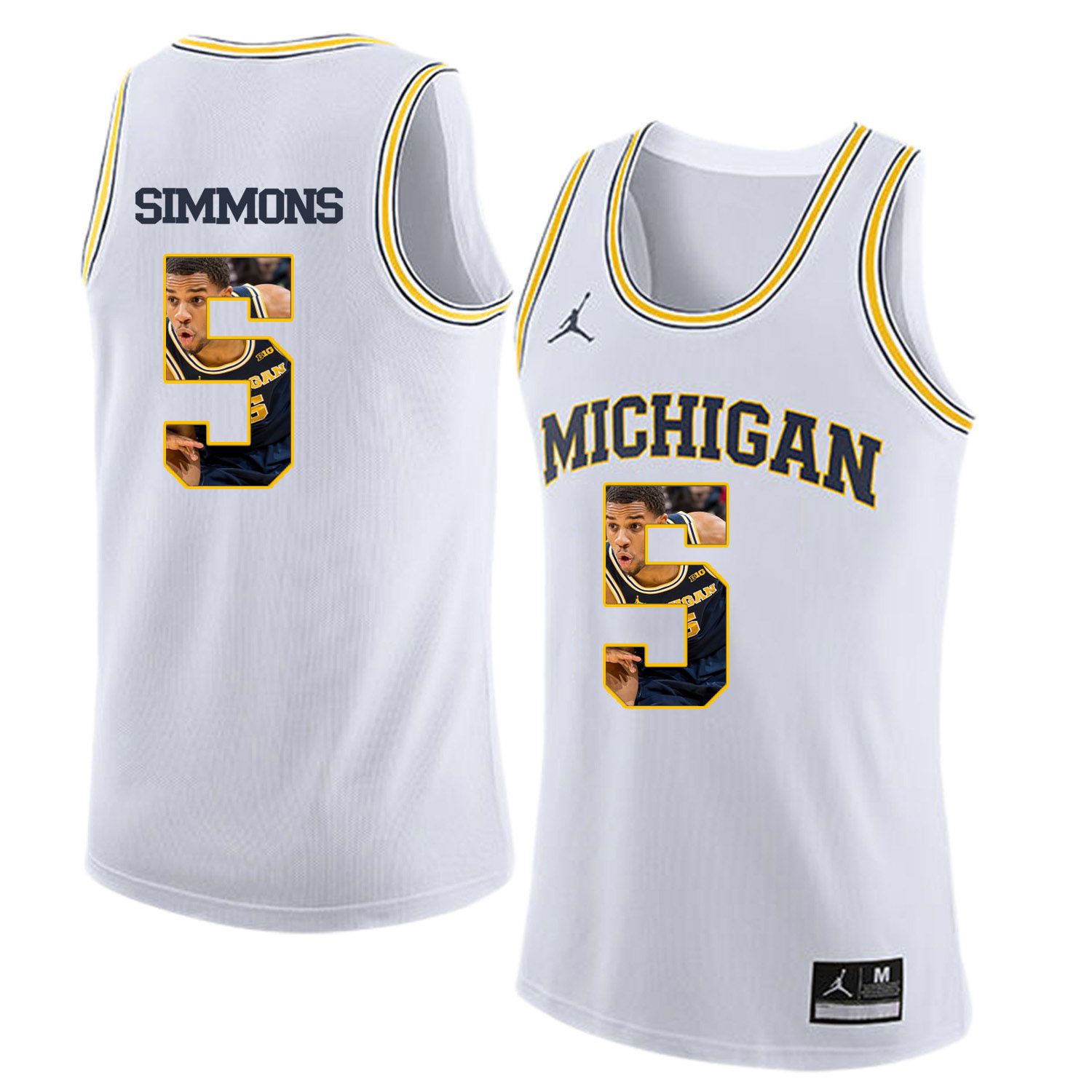 Men Jordan University of Michigan Basketball White #5 Simmons Fashion Edition Customized NCAA Jerseys->customized ncaa jersey->Custom Jersey